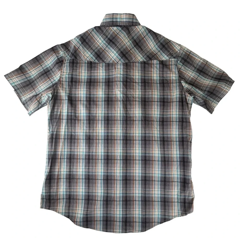 Coastal Mens XXL Short Sleeve‎ Western Plaid Pearl Snap Shirt Grey Teal Brown